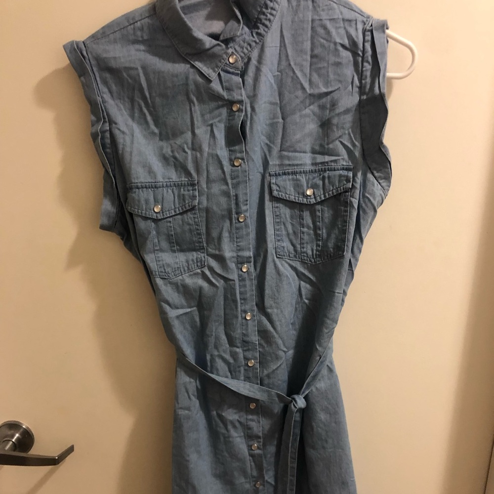 Sleeveless denim chambray shirt dress